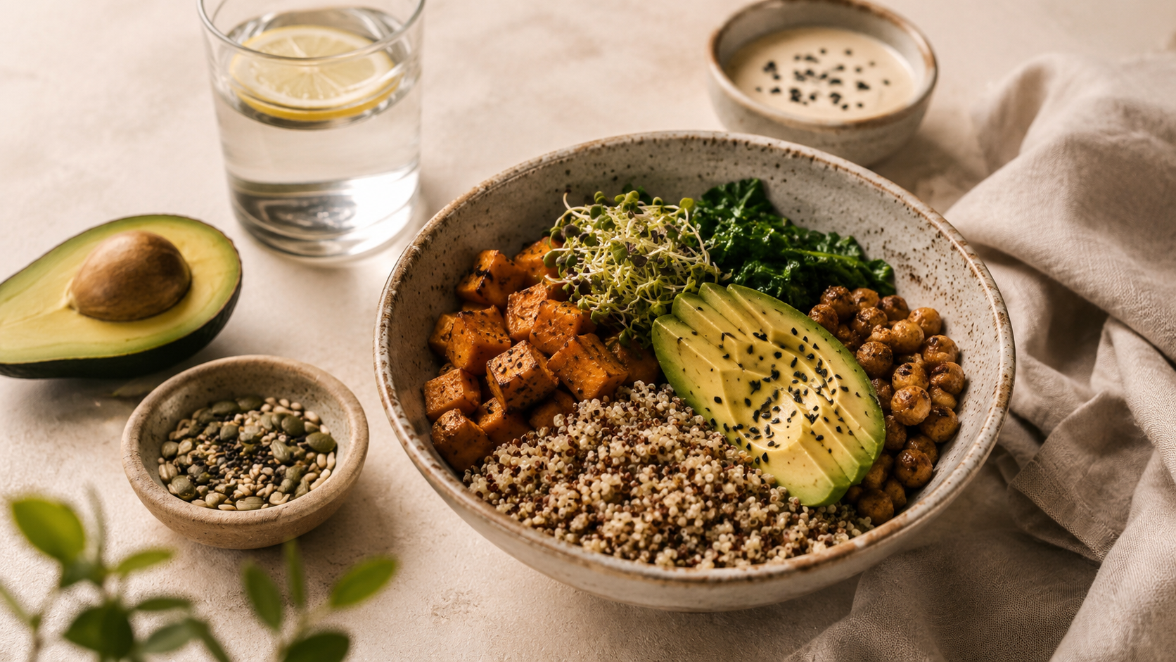 Buddha bowl végétarien aux pois chiches, quinoa, patate douce et avocat sur une table avec un verre d'eau au citron.