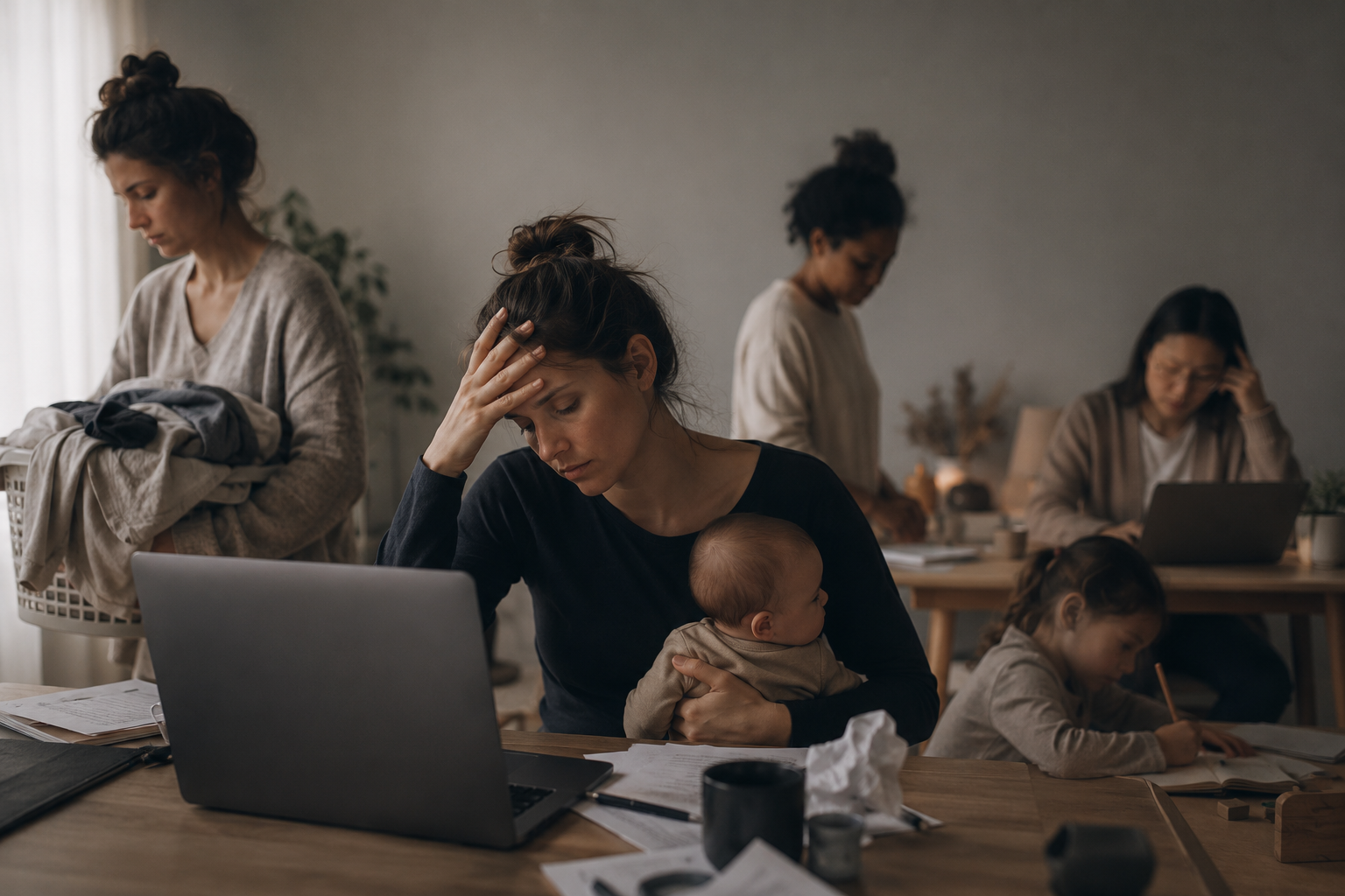 Une femme épuisée au premier plan travaillant sur un ordinateur portable tout en tenant son bébé, illustrant la charge mentale et le stress chronique des mères de famille.