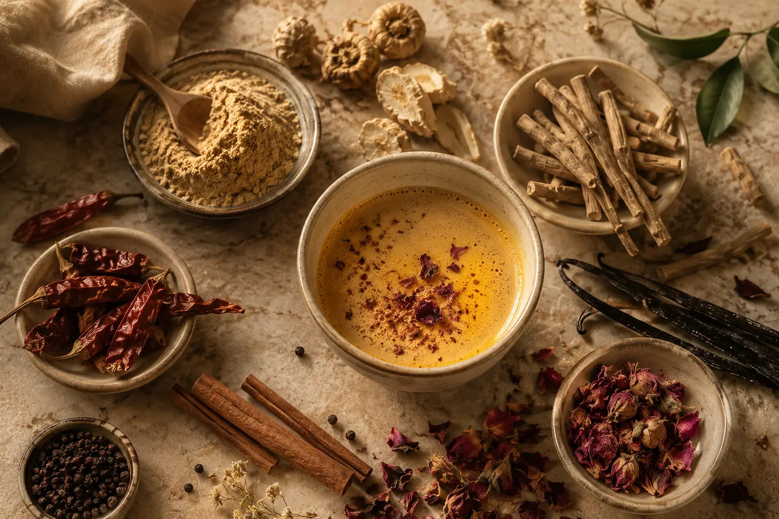 Composition de plantes adaptogènes et aphrodisiaques naturels à base de maca et d'ashwagandha pour stimuler la libido féminine et réduire la fatigue.