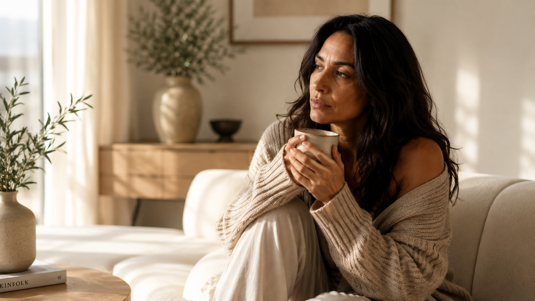 Femme pensive assise sur un canapé dans un salon minimaliste, illustrant la charge mentale et la fatigue nerveuse chez la femme.