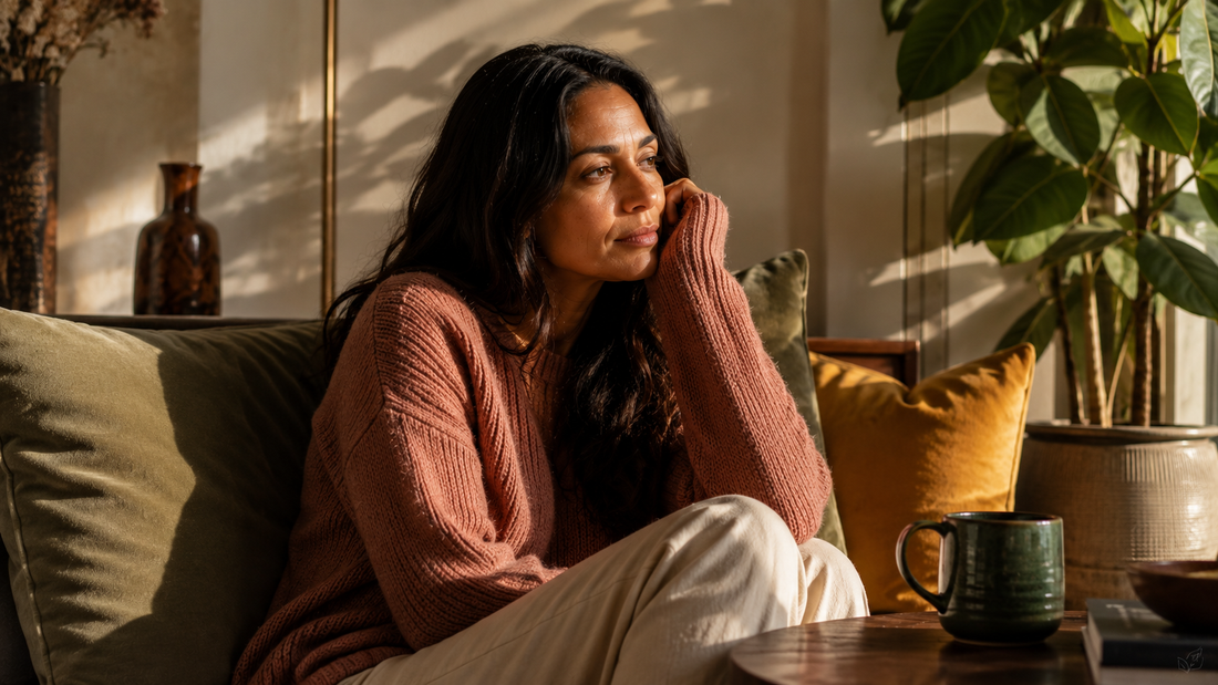 Femme pensive en pull vieux rose assise sur un canapé, illustrant la baisse de désir et la culpabilité quand le cerveau passe en mode survie à cause du stress.