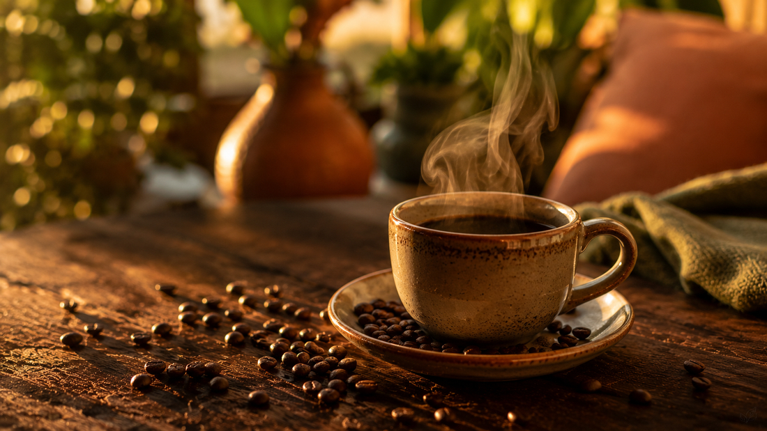 Une tasse de café chaud fumant et des grains de café éparpillés sur une table en bois sous une lumière dorée.