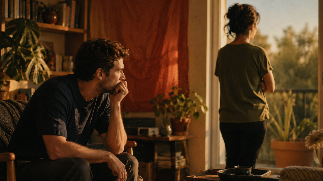 Homme inquiet assis dans un salon face à sa femme qui lui tourne le dos, illustrant la distance et l'éloignement émotionnel dans le couple.