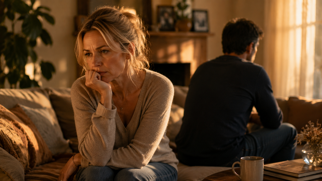 Une femme pensive et son partenaire qui lui tourne le dos sur un canapé, illustrant la distinction entre l'amour et la baisse de désir sexuel dans le couple.
