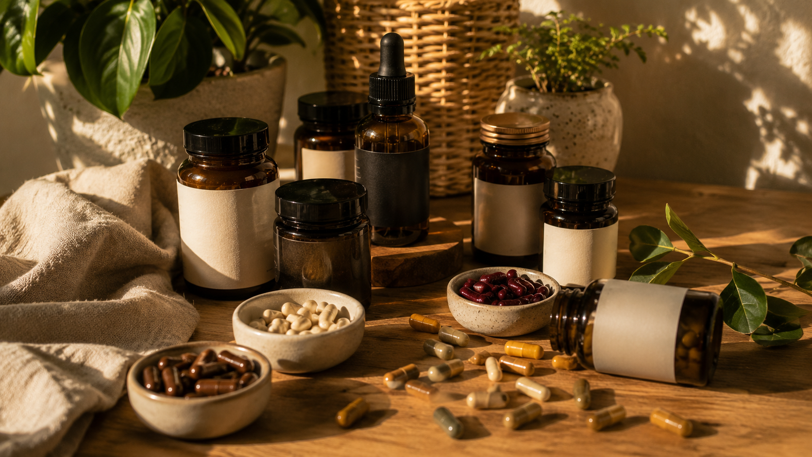 Sélection de flacons de compléments alimentaires et gélules de plantes sur une table en bois, illustrant comment choisir un produit efficace pour la libido féminine.