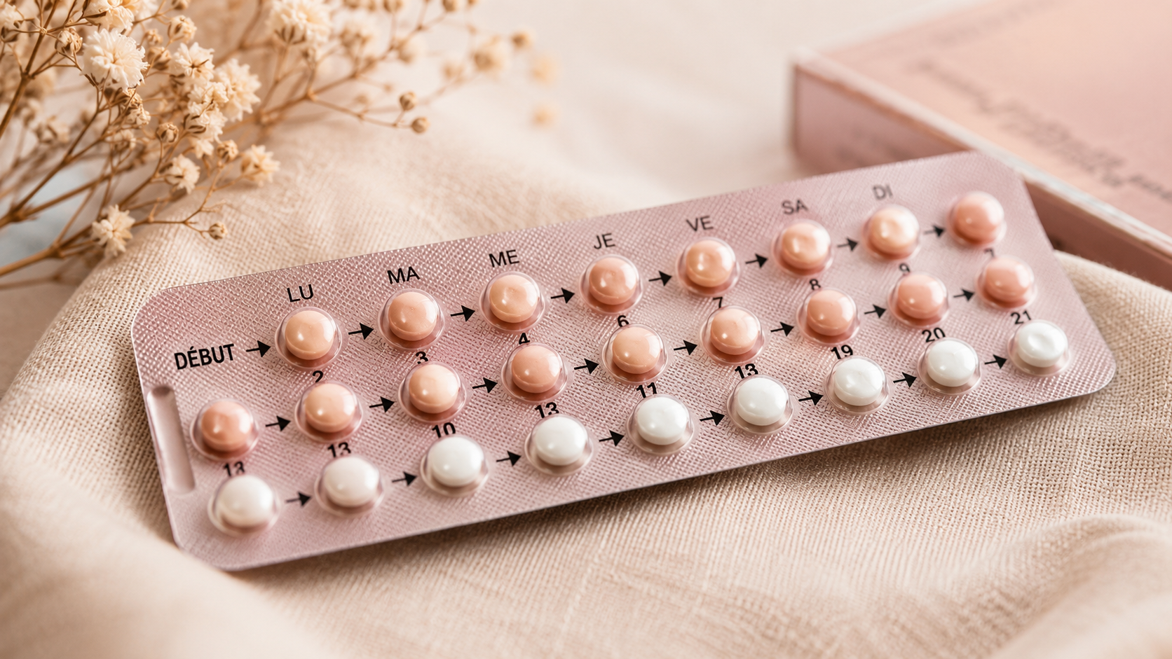 Plaquette de pilules contraceptives roses et blanches posée sur un tissu beige à côté de fleurs séchées, illustrant l'impact des hormones sur la libido féminine.