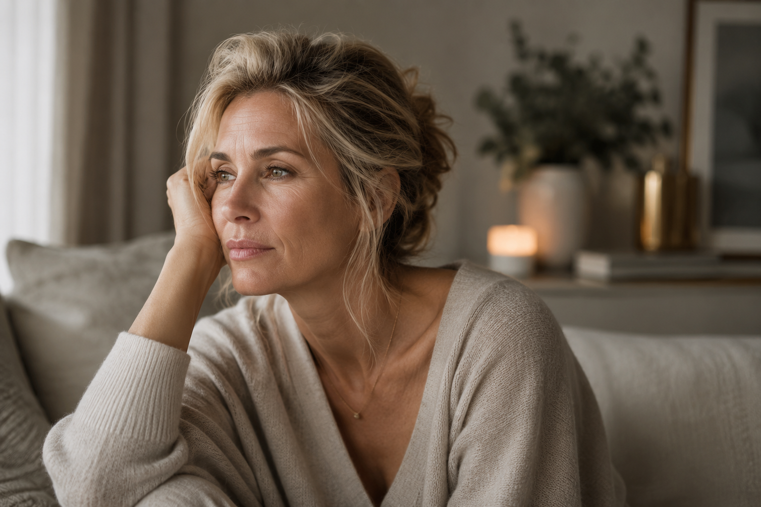 Femme d'une quarantaine ou cinquantaine d'années pensive et fatiguée sur son canapé, illustrant les symptômes de la périménopause et la baisse de libido.
