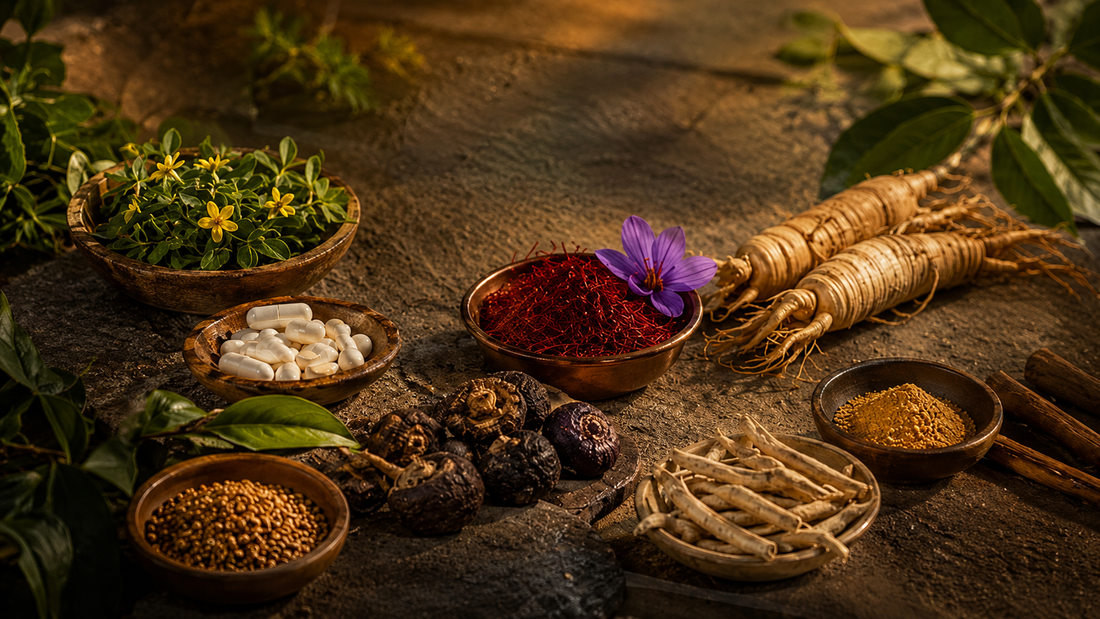 Ingrédients naturels pour booster la libido féminine : maca noire, safran, ashwagandha, ginseng et gélules dans des bols en bois sur une table en pierre.