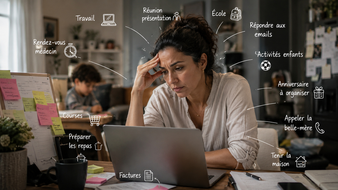 Une mère de famille submergée par la charge mentale et les tâches quotidiennes (travail, factures, enfants), symbolisant le stress qui bloque le désir sexuel.