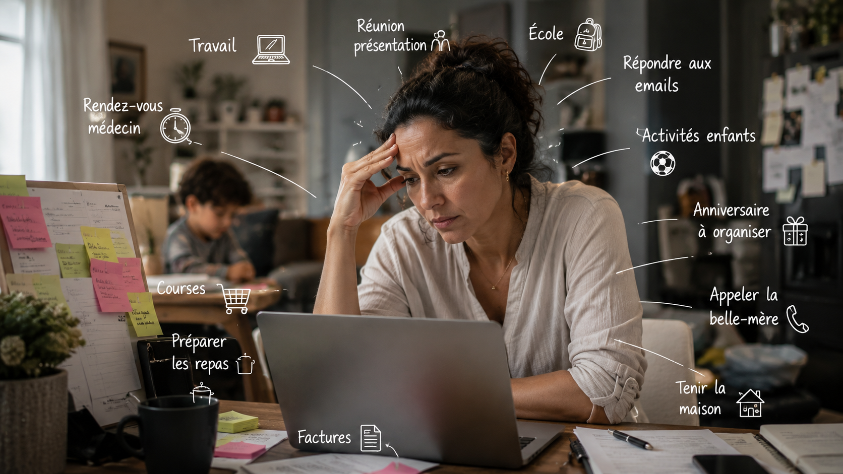 Une mère de famille submergée par la charge mentale et les tâches quotidiennes (travail, factures, enfants), symbolisant le stress qui bloque le désir sexuel.