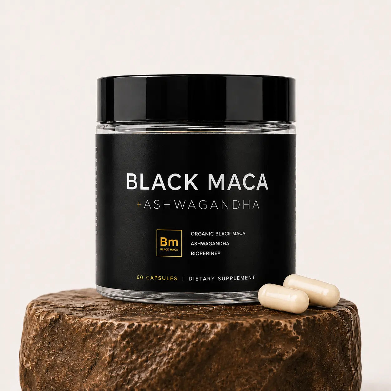 Pot de gélules de Maca noire bio et Ashwagandha par Black Maca, complément naturel contre le stress, la fatigue et pour stimuler la libido.
